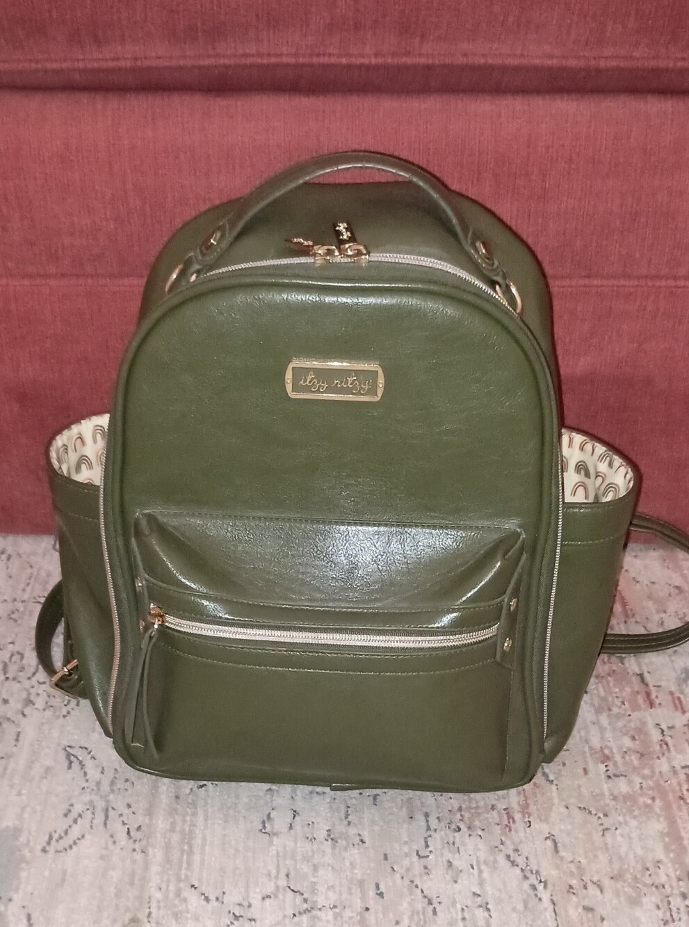 Itzy Ritzy Olive Green Vegan Leather Backpack with Gold Accents